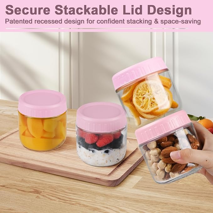 Overnight Oats Containers with Lids, 10oz Wide Mouth Mason Jars with Lids, 3 Pack Glass Jars with Airtight lid for Chia Pudding Yogurt Salad, Meal Prer Oatmeal Jars, Pink