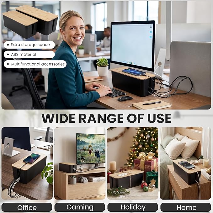 2 Pack Cable Management Box - Cord Organizer Box with Wooden Lid for TV Wires, Power Strips, Router, USB Hub & Under Desk Power: Baby & Pet Proof Cord Management, Cord Hider for Home & Office(Black)