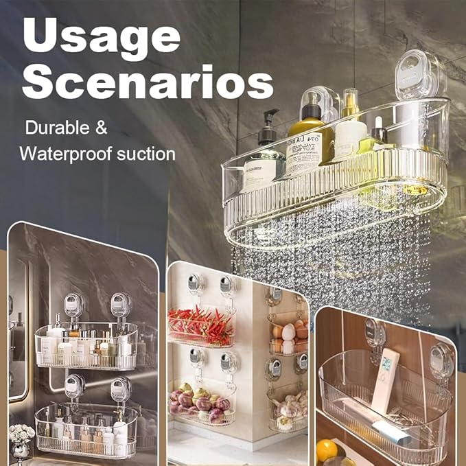 No-Drill Bathroom Suction Storage Box, 2025 New Heavy Duty Shower Caddy Hanging, Clear Acrylic Bathroom Suction Cup Shower Shelf for Family (Gray)