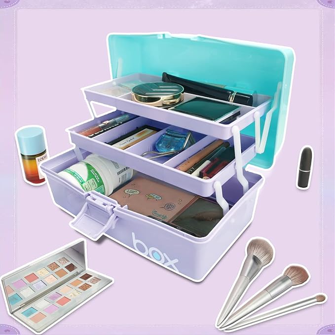 TERGOO 12in 3-Layer Plastic Craft Organizers and Storage, Portable Folding Tackle Box with Handle & Adjustable Dividers, Multipurpose Case for Sewing, Art Supplies, Medicine, Tools (Purple Blue)