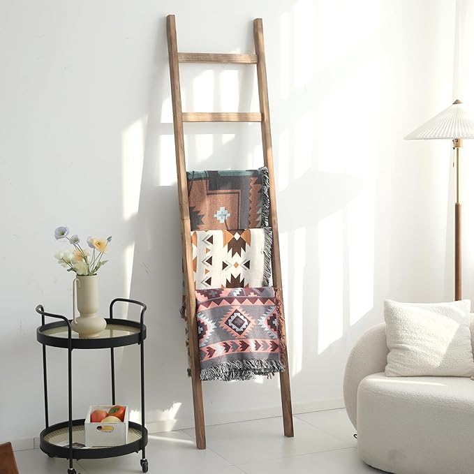 FUIN 6.4ft Extra Wide Wooden Blanket Ladder Living Room Decorative Wal Leaning Farmhouse Quilt Display Holder Rustic Wood Towel Rack for Bathroom, Burnt Brown, 18.5 inch Wide