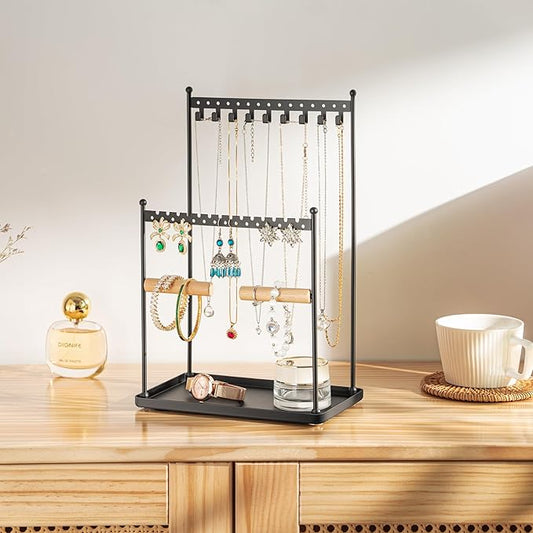 3 Tier Black Jewelry Stand, Necklace Organizer, Earring Holder with 44 Holes and 9 Hooks, for Necklaces, Bracelets, Rings