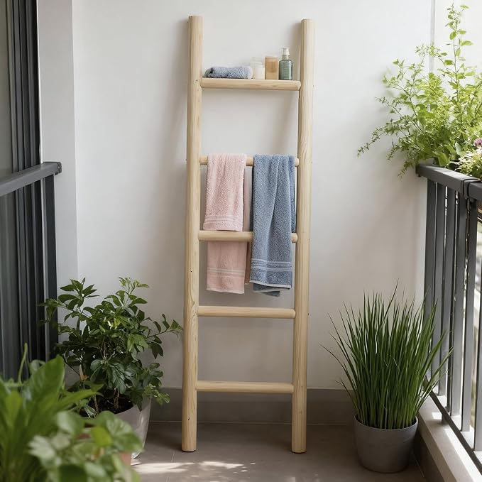 Wooden Blanket Ladder Natural & Motley Wood - Leaning Wall Decor for Bedroom, Bathroom, Living Room - Rustic Quilt Holder & Towel Rack (Light Wood Color, 57in | Fully Assembled)