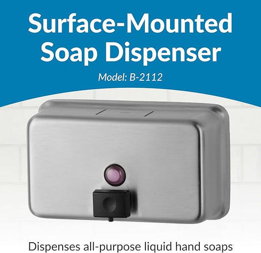 Bobrick Surface-Mounted Soap Dispenser - Satin-Finish Stainless Steel, 40-fl oz Capacity, Manual Liquid Soap Dispenser with Low Soap Indicator, Top Fill, Vandal-Resistant, Wall-Mounted Design (B-2112)