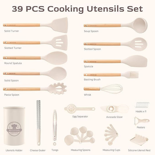 Astercook Kitchen Utensils set, 39 PCS Silicone Cooking Utensils Set with Wooden Handle, 446°F Heat Resistant Food Grade Utensil Sets, BPA Free Kitchen Gadgets Tools Set for Nonstick Cookware (Cream)
