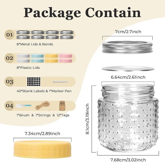 CycleMore 8oz - 8 Pack Mason Jars, Hobnail Design Canning Jars with Silver Metal & Colorful Plastic Lids, Glass Storage Jars for for Storing, Jam, Pickling, Crafts, Home Decor & DIY Gifts
