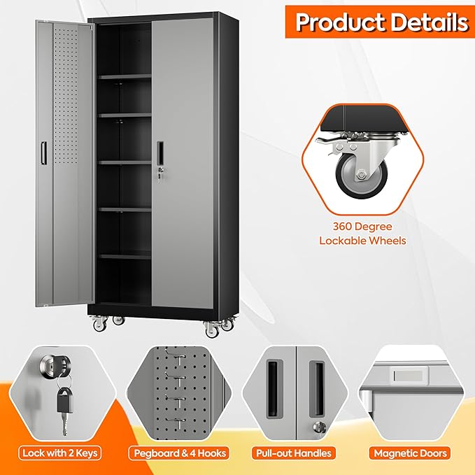 Garage Storage Cabinet with Wheels and Pegboard, 71"H x 32"W x 16"D Lockable Metal Storage Cabinet with 5 Adjustable Shelves and 2 Doors for Garage Home, Assembly Required, Black and Dark Grey