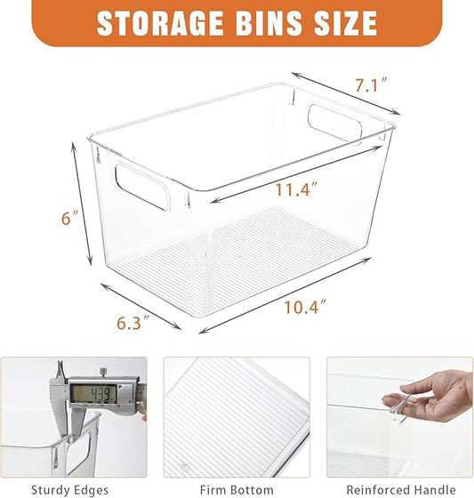 Freebat 6 Pack Large Clear Plastic Storage Bins,Plastic Containers with Handle for Pantry Organizer and Storage,Perfect for Kitchen,Fridge,Cabinet, Closet,Bathroom Under Sink Storage