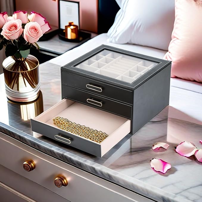 3 Layer Jewelry Organizer Box with Glass Lids & 3 Drawers - Elegant Storage Solution for Necklace, Rings,Earrings, and Bracelets - Perfect for Women ASK-301 (Black)