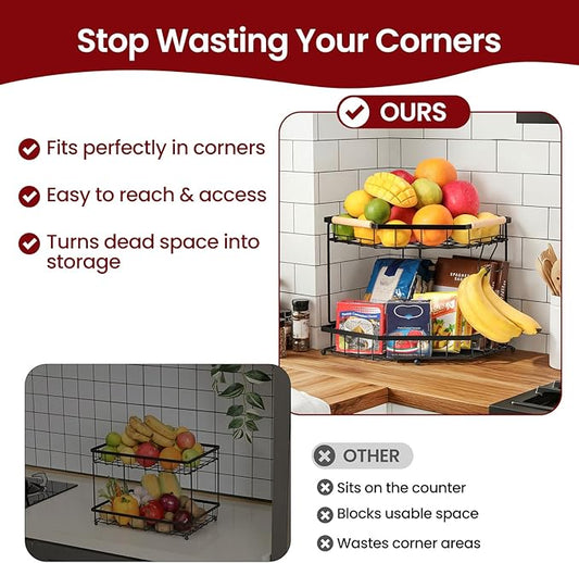 Snuvid 2 Tier Corner Fruit Basket for Kitchen Counter with Banana Hangers, Detachable Fruit Bowl with Wooden Handle, Metal Corner Rack for Fruit and Vegetable Storage, Kitchen Countertop Organizer