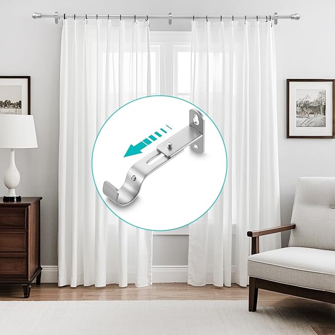 Adjustable Curtain Rod Brackets, Metal Window Drapery Rod Hanger Holders Hooks for 1 inch Rods (Satin Silver, Set of 3)