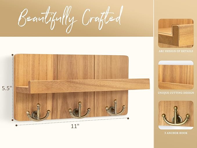 Rebee Vision Farmhouse Key Holder for Wall: Decorative Small Mail Organizer with Shelf and Rustic Mail Holder with 3 Anchor Key Hooks - Retro Home Decor Wall Mount for Entryway, Hallway (Light Brown)