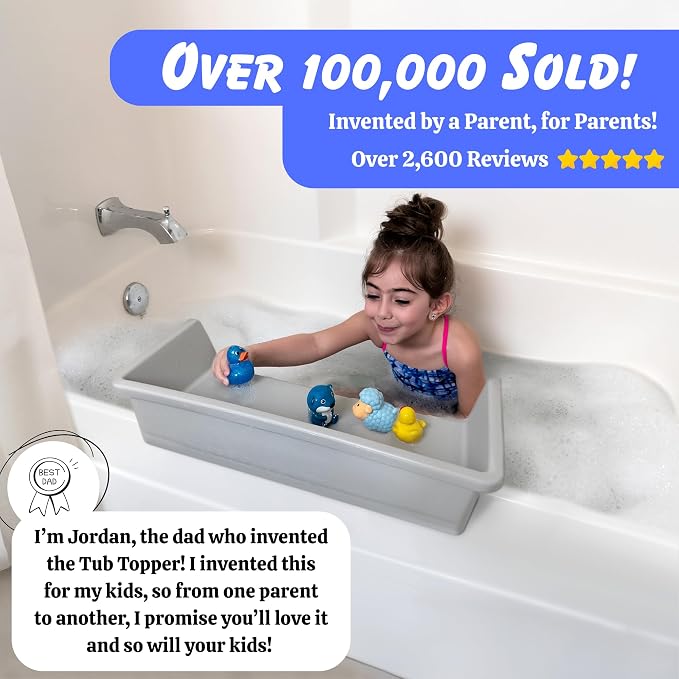 Tub Topper® Mini Bathtub Splash Guard for Kids - Compact Bath Splash Guard & Tub Play Shelf - Easy to Remove, Store & Clean - Patented Lip Design, Non-Silicone, BPA-Free, Made in USA (Gray)