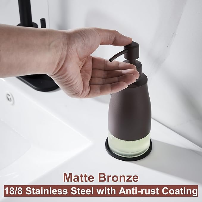 Gaussra Matte Brown Soap Dispenser with Coaster and Stickers, Stainless Steel and Glass Bottle Hand Pump Dispenser, Refillable Liquid Hand Soap Dispenser for Bathroom & Kitchen (11OZ / 320ML)