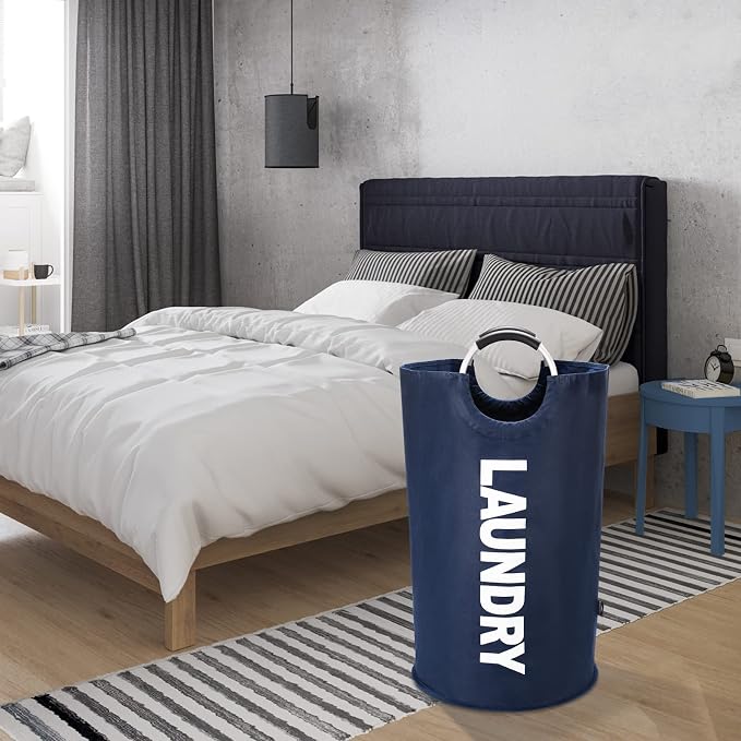 DOKEHOM 90L Large Laundry Basket, Collapsible Laundry Bag, Freestanding Tall Clothes Hamper, Foldable Washing Bin (Dark Blue)