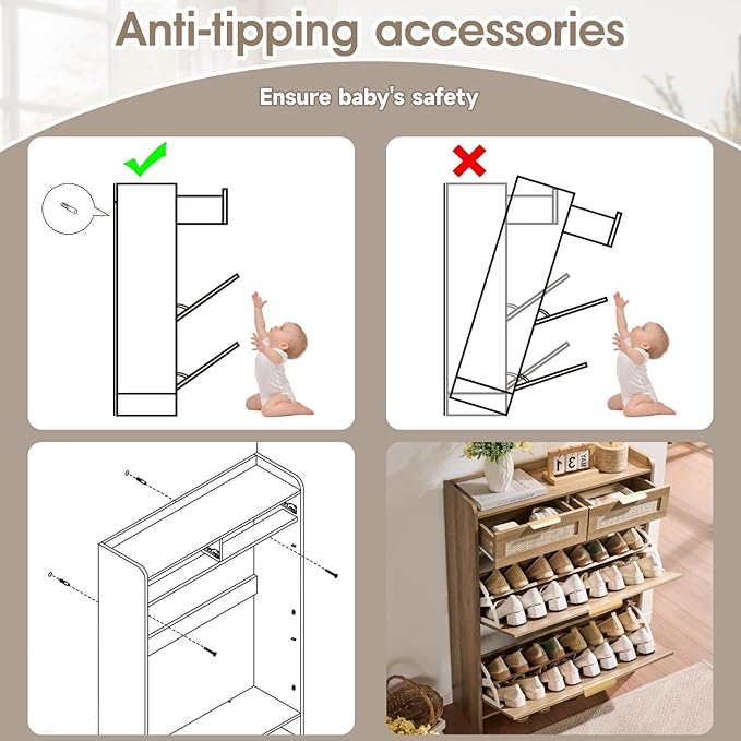 Rattan Shoe Storage Cabinet with 2 Flip Drawers & 2 Drawers, Freestanding Organizer for Front Door Entrance, Hidden Narrow Shoe Rack Cabinet Storage for Entryway, Rustic Oak Rattan