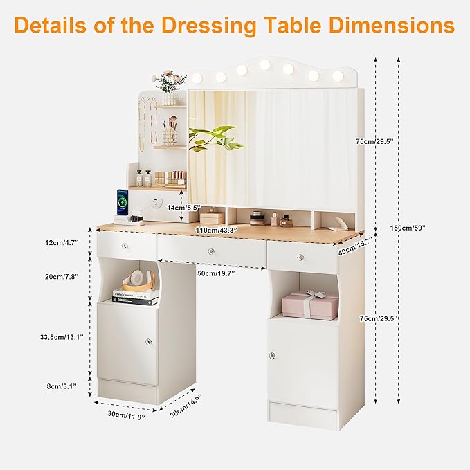 43" Large Vanity Desk with Mirror and Lights, Tri-Fold Mirror Makeup Vanity Table with LED Bulbs, Hidden Storage Drawers & USB Ports, Natural Wood and White Design, Modern Farmhouse Vanity for Bedroom