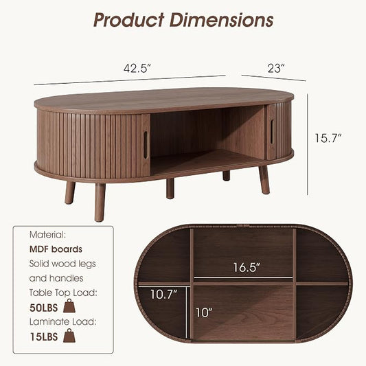 Alohappy 42.5"W Oval Coffee Table, Mid Century Modern Coffee Table with Sliding Tambour Door, Fluted Center Table with Hidden Storage, Curved Profile Dining Table for Living Room, Home Office, Walnut