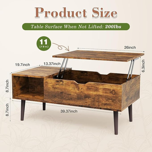 OLIXIS Wood Coffee Table Lift Top Coffee Tables for Living Room Office, Small Rising Wooden Center Tables with Large Storage Shelf and Hidden Compartment, Rust Brown