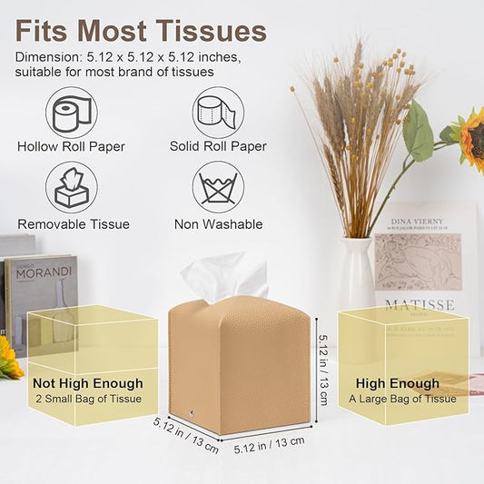 Aisoso 2 Pcs Square Cream Tissue Box Cover PU Leather Decorative Tissue Organizer Dispenser Holder for Bathroom, Desk, Home, Car, Office, 5.12" X 5.12" X 5.12"