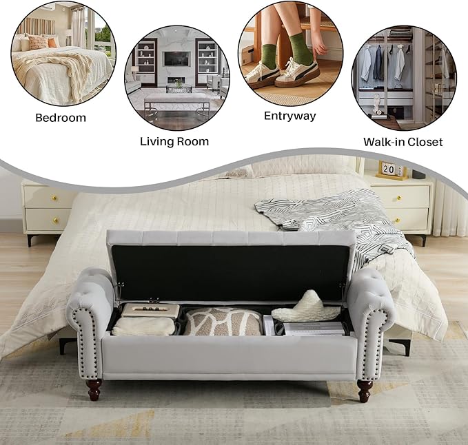 58.1" Storage Bench Upholstered Velvet End of Bedroom Bed Bench Ottoman with Tufted Cushioned Rolled Arm Large Storage Space for Reading Living Room Entryway, Light Grey