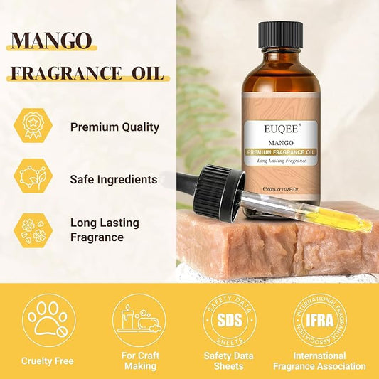 EUQEE Mango Fragrance Oil, 60ml Premium Scents Fragrance Oils with Glass Dropper for Soap & Candle Making, DIY Bath Bombs, Diffusers (2.02 Fl oz)