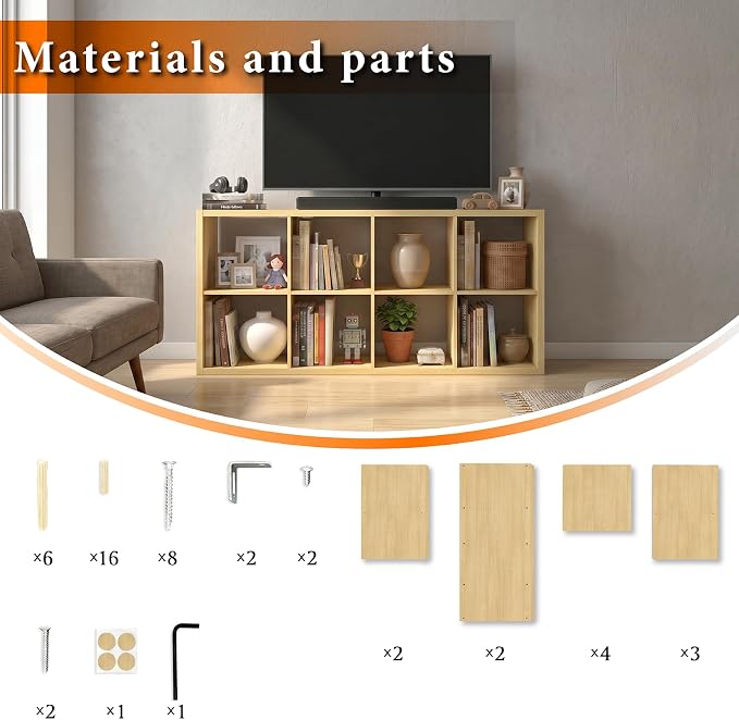 WannabeMyself【2026 Wooden Thick Frame】 8 Cube Storage Organizer with Anti-Tipping Kits, Reversible Open Back Book Shelf,Bookcase for Living Room,Bedroom,Entrance Hall,Office,11.6×48×24.6,Oak Color