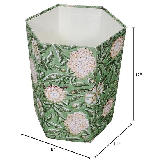 Generic 3.3 Gallon Cotton Hand Block Printed Paper Waste Basket |Small Decorative Trash Can for Housewarming Gifts in Living Room, Bedroom, Bathroom | Eco-Friendly, Plastic-Free (1, GREEN GE.)