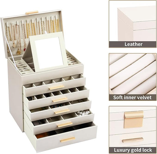 BOOVO Jewelry Boxes for Women, White and Black 6 Layer Large Jewelry Box for Necklace, Bracelet, Earrings, Rings Storage, Jewelry holder Organizer for Girls Gift (Champagne, 6 layer)