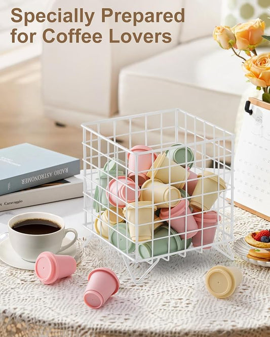 FantasyLife K Cup Holder Organizer, 5.3" x 5.3" x 6.3" Coffee Pod Storage Basket, Coffee Bar Accessories Metal Basket, Large Capacity Countertop Organizer for Kitchen Counter & Office Desktop (White)
