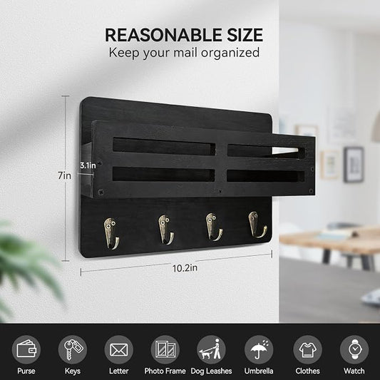 Key Holder Wall Mount, 10 inch Decorative Key and Mail Holder for Wall, with Mail Organizer & 4 Key Hooks, Rustic Wooden Key Rack for Hanging Dog Leash Sunglasses, Entryway Key Hanger, Black
