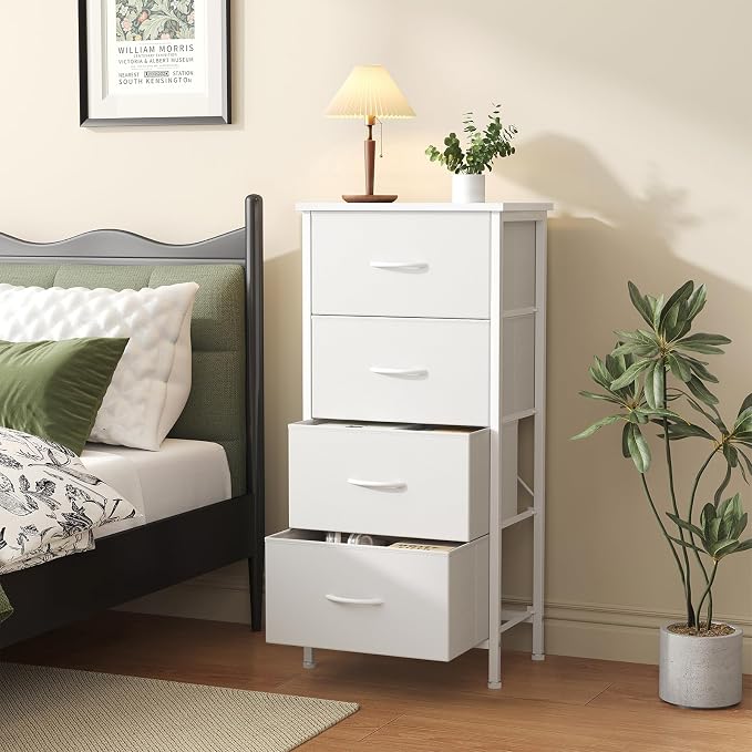 Sweetcrispy 4 Fabric Drawer Small Dresser, Bedside Nightstand with Wooden Top Sturdy Frame, Entryway Closet Bedroom Storage Cabinet Furniture for Dorm,White