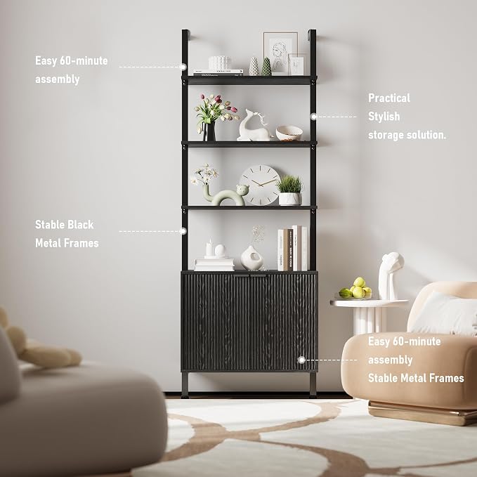 INNOD 74" Tall Bookshelf with Storage Cabinet, Modern Ladder Shelf with Wood and Metal Frame, Wall Mount Bookcase Open Display Shelf Furniture for Living Room, Bedroom, Home Office,Black