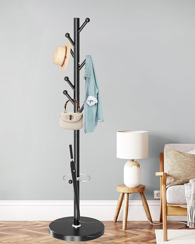 ZOZOE Metal Coat Rack Stand, Modern Coat Rack Freestanding with Natural Marble Base, Sturdy Industrial Coat Racks with 8 Hooks & Umbrella Holder,Black Coat Tree Hanger Stand for Entryway,Office