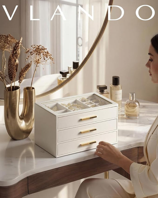 VLANDO Jewelry Box for Women, 3-Layer Jewelry Organizer with Drawers, Glass Lid Display Jewelry Storage, Soft PU Leather Exterior, Contrast Gold Metal Handles, Refined Style - Cloud White