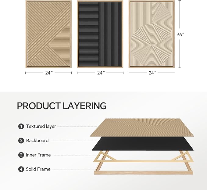 Framed 3D Textured Boho Abstract Wall Art for Living Room, Large 3 Piece Modern Neutral Minimalist Artworks, Black and Beige Geometric Sandstone Prints for Entryway Hallway Office Wall Decor, 24x36 In