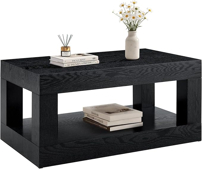 LKTART 39.37" Coffee Table with Storage, 2-Tier Mid Century Rectangular Accent Table with Thick Tabletop, Rustic Style Cocktail, Center Table for Living Room, Office, Apartment (Black)