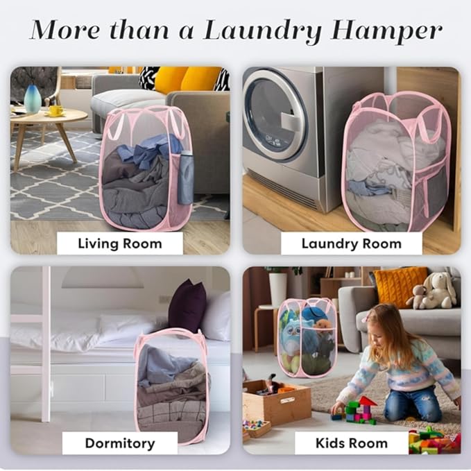 Handy Laundry Collapsible Mesh Pop Up Laundry Hamper with Side Pocket, Breathable & Space-Saving Foldable Basket for Clothes, Toys, Travel, Storage, 14 x 13 x 24 in, Pink
