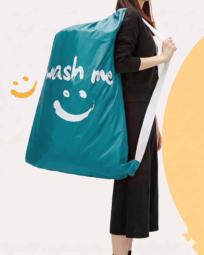 HOMEST 2 Pack XL Wash Me Travel Laundry Bag with Strap, Dirty Garments Organizer, Large Enough to Hold 4 Loads of Clothes, Easy Fit a Hamper or Clothing Basket, Grey and Sky Blue