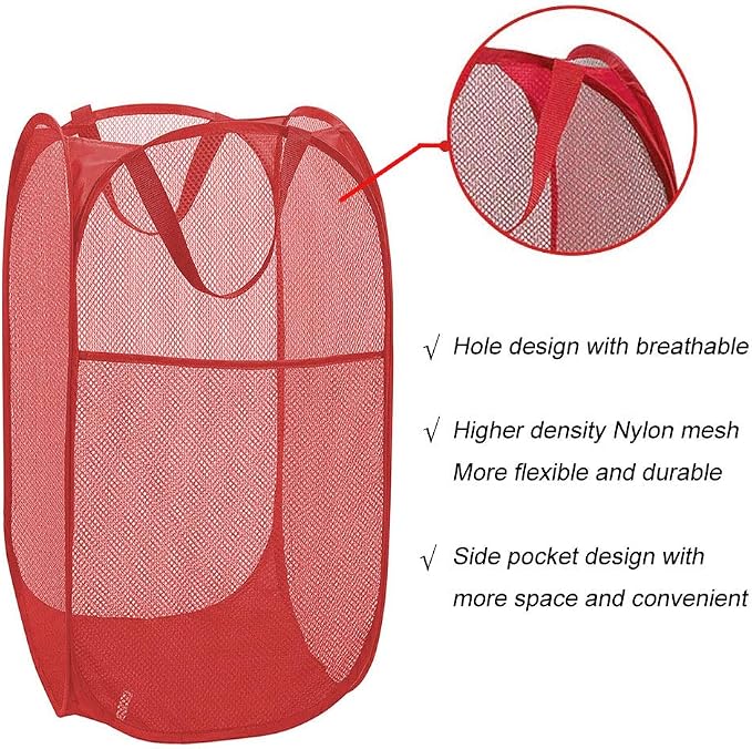 Larpur Popup Mesh Laundry Basket, Collapsible and Portable Clothes Washing Laundry Hamper with Reinforced Carry Handle (Red)