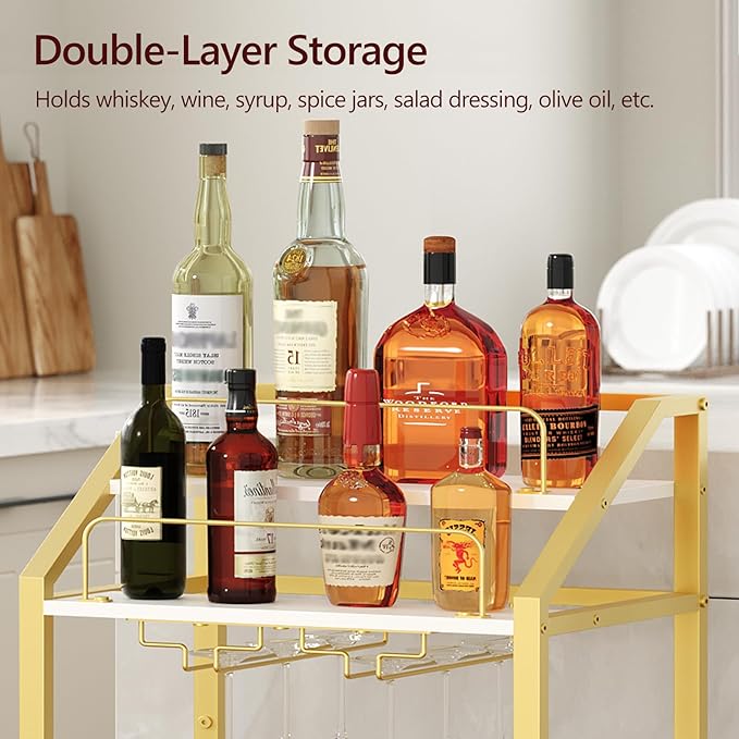 Bar Cart with Mirrored Shelf, Serving Cart for Home, Drink Cart with Wine Rack, Rolling Kitchen Cart with Wheels, Glass Holder, for Kitchen, Dining Room, Gold and White RCJW67M01
