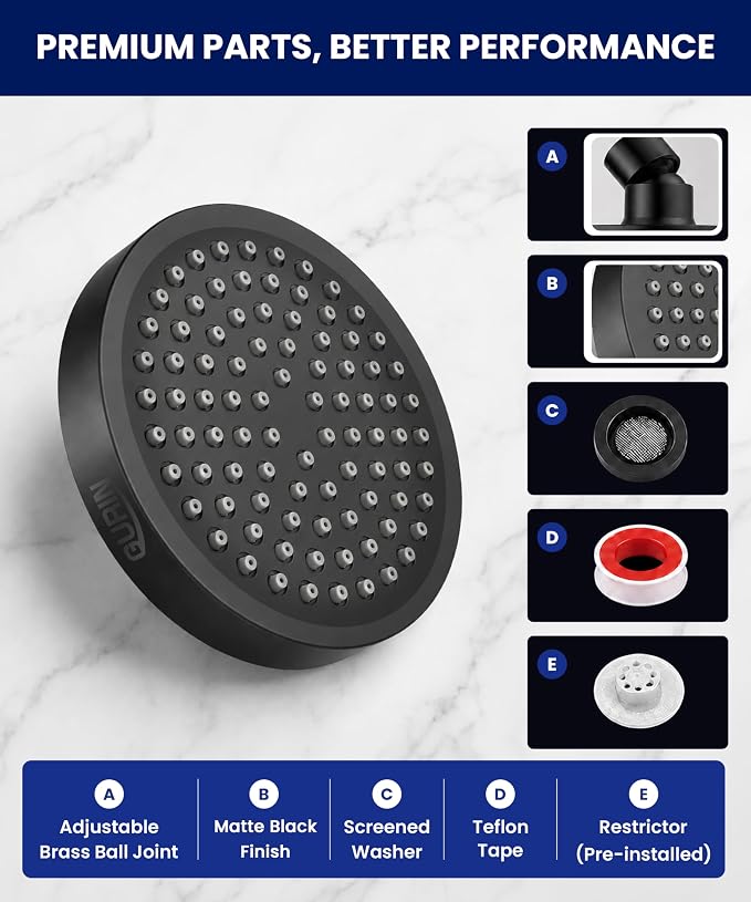 GURIN Shower Head - Powerful High Pressure Rain Shower Head 6 Inch - Luxury Rainfall Showerhead with Adjustable Angles, 90 Anti-Clog Nozzles, Tool-Free 1-Min Install, Premium Matte Black Finish