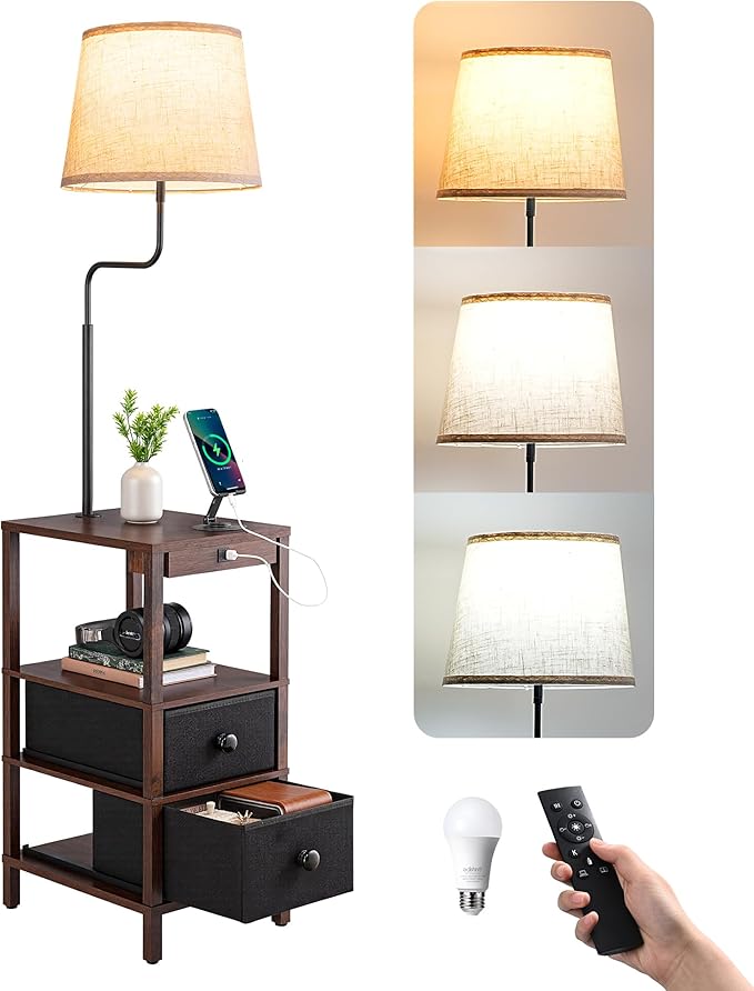 EDISHINE Floor Lamps for Living Room, 3000K-6500K Dimmable Floor Lamp with Table, USB-A+Type-C Charging Port, Table with Lamp Attached for Bedroom, Den, Office, Kids Room, Fire-Burned Wood Color