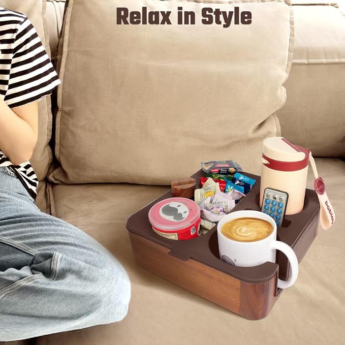 Couch Cup Holder Tray, Real Acacia Wooden Caddy with Soft Silicone, Snack and Drink Organizer- Perfect Movie Night Accessories for Bed, Remote and Cup Holders for Sofa (Coffee)