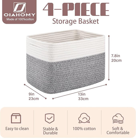 OIAHOMY 4 Pack Storage Basket, 13"x9"x7.8" Cotton Rope Baskets for Shelves, Closet Organizer for Bedroom & Living Room, Soft Decorative Bins for Organizing Towels, Books & Toys, Grey & White