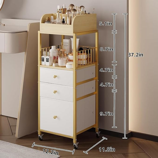Makeup Organizer Cart with Drawers, Floor Skincare Organizers Make Up Organizers-Vanity Organizer Cosmetic Display Cases Holder for Skin Care Perfume Nail Polish Brush Hair Tool(Gold)