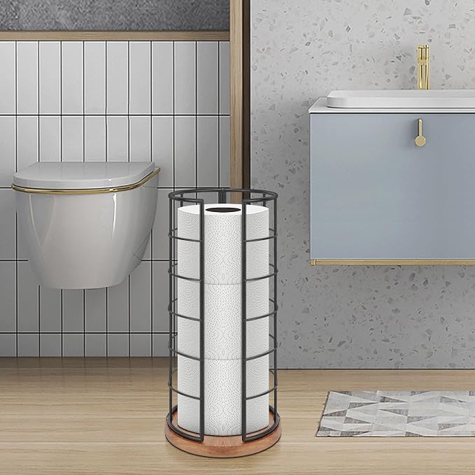 NearMoon Toilet Paper Organizer Stand, Freestanding 3 Rolls Tissue Storage, Metal Bathroom Accessory, Rustproof Toilet Roll Holder for Kitchen Countertop Inside Cabinet Shelf(Wooden Base, Matte Black)
