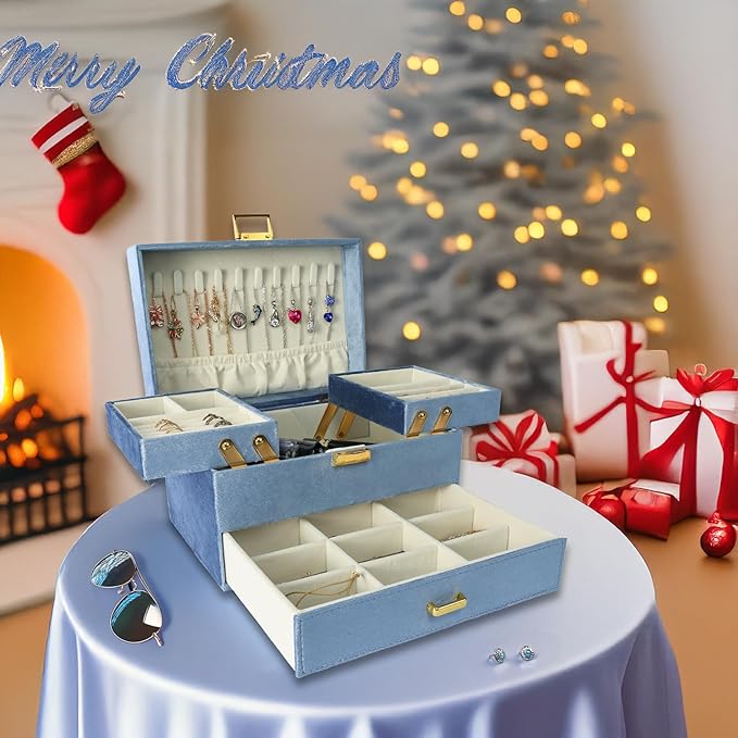 Dajasan Velvet Jewelry Boxes for Women Girls, Jewelry Organizer Box, Jewelry Storage Organizer for Rings Necklaces Bracelets Watch Earring (Blue)