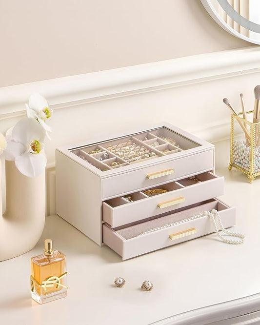 Lolalet Jewelry Box Organizer, 3-Layer Jewelry Organizers and Storage Case with Glass Lid, Ring Earring Bracelet Necklace Holder Organizer, Mothers Day Gifts for Mom, Women Girls -3Layer, Beige