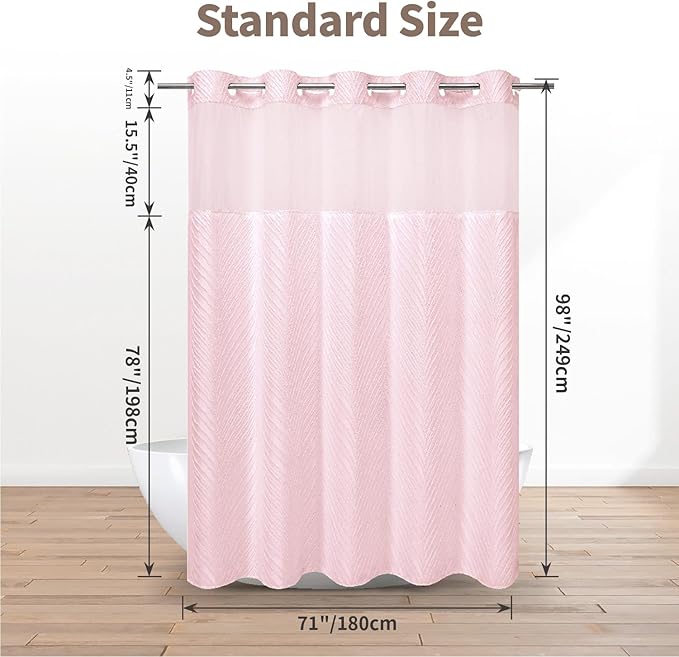 no Hook Shower Curtain and Liner Set,Boho Style with See Through Top Window, Pink Fabric Tufted Striped Textured Outer Curtain & Waterproof Inner Liner, Pink, 71Wx98H